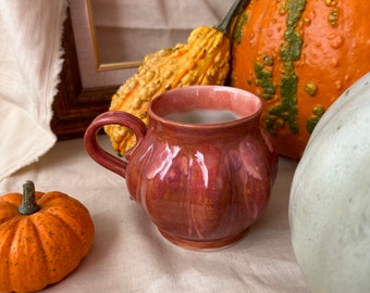 Mug d'automne gothique fait à la main en céramique, citrouille orange rouge, noir, vert, bleu, beige - Décoration bohème d'automne