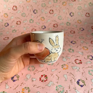 Puede incluir: Una taza de té de cerámica blanca con un diseño pintado a mano de un conejo marrón con una cola roja sentado sobre un fondo de color melocotón. La taza está sobre un fondo rosa con un patrón repetitivo de conejos blancos y coronas de flores.