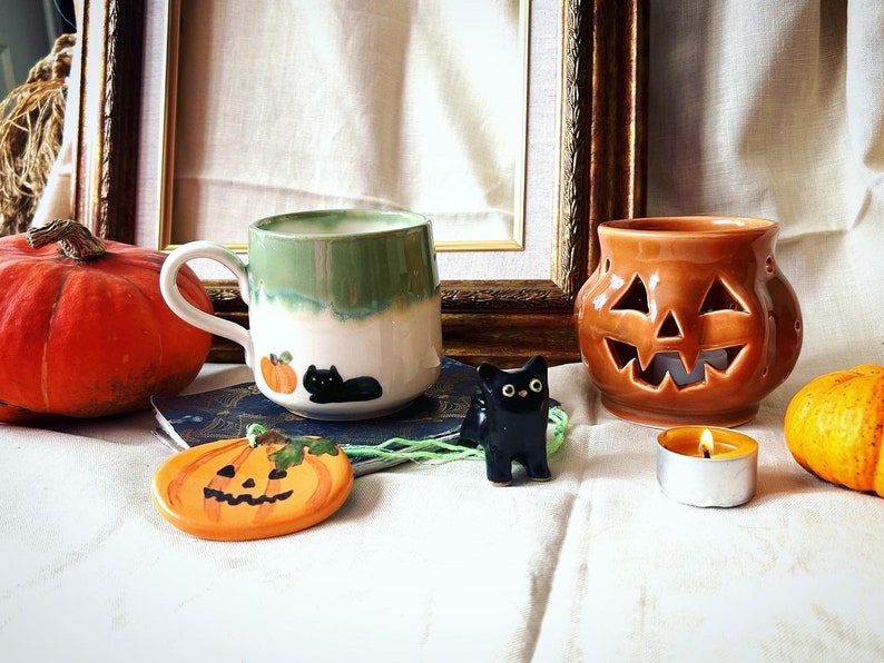 The Halloween mug - black cat and pumpkin mug Bundle jade
