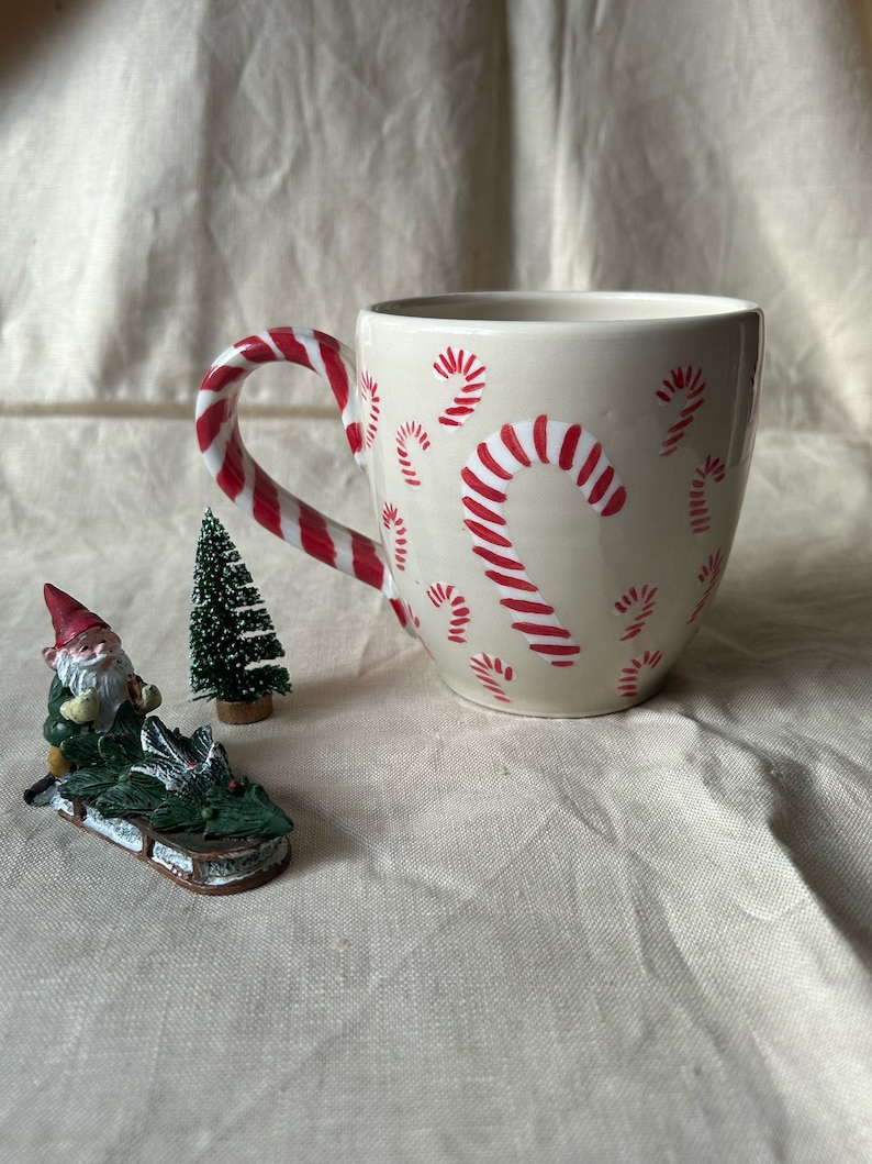 Candy cane mug White and red pottery handmade large buck 22 ounces capacity image 5