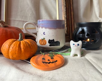 The Halloween for Christmas Bundle - Black cat and pumpkin mug, lantern, figurine and wall decorations in purple - The Artsy Christmas Gift