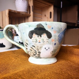 Cute Halloween large ceramic mug - Witch kitty and Ghost- spooky black cat and orange pumpkin -Halloween gifts for home and kitchen decor