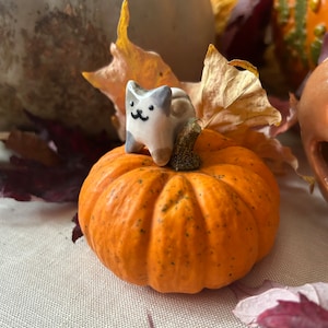 Può includere: Una piccola statuina di gatto in ceramica si trova in cima a una piccola zucca arancione. La zucca è circondata da foglie autunnali.