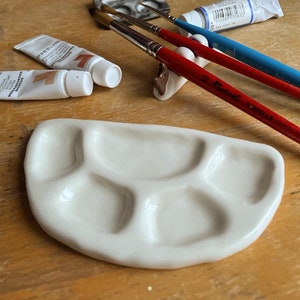 Handcrafted white half-round ceramic painting palette for mixing watercolor, gouache, oil, or acrylic paints. Perfect gift for artists!