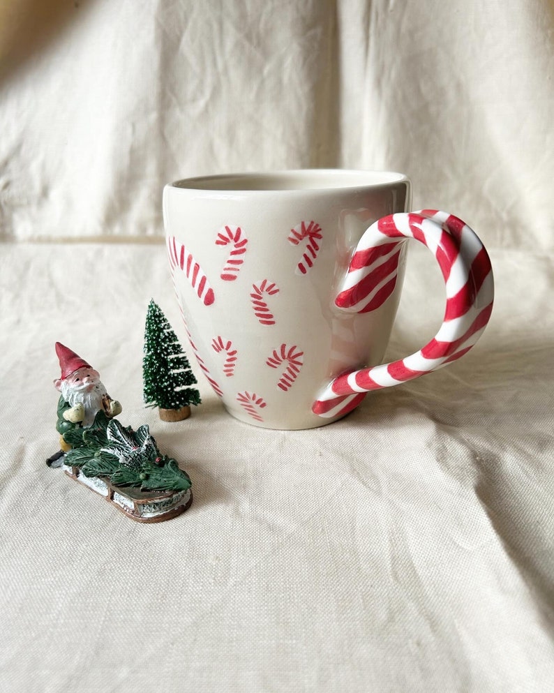 Candy cane mug White and red pottery handmade large buck 22 ounces capacity image 2