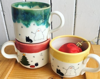 Christmas black kitty with tree and snowman coffee mug - handmade ceramic