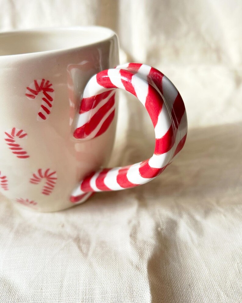 Candy cane mug White and red pottery handmade large buck 22 ounces capacity image 4