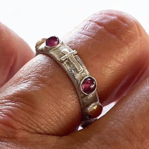 Rosary Ring, Garnet Silver Religious Ring 925, Cross Shape and 9K Yellow Gold,  A prayer inspired ring, christmas gift