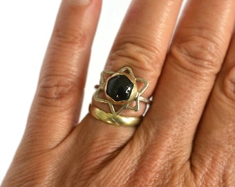 Silber und Gold Davidstern Ring mit schwarzem Onyx Edelstein - Jüdischer Schmuck, Größe 6,5 Versandfertig