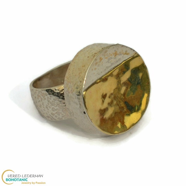 A Handmade hammered silver and Gold, Tow Tone Solid Silver 925 Solid 9K Ring, A Christmas Gift Idea, Israeli Silver Designers,