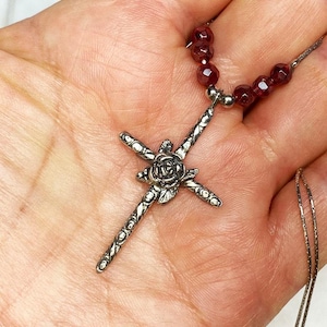 Rose Cross Necklace, Religious Necklace, Birth Flower Sterling Silver Cross Necklace, Cross Pendant, Handmade Christian Jewelry Gift