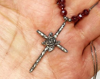 KZX Collana Croce In Argento 925 Con Rosa - Ciondolo A Fiore, Gioiello Religioso Per Donna, Regalo Confezionato - 3