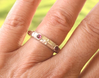 Rosary pray Ring, Garnet 925 Silver Religious Ring, Cross Shape and 9K Yellow Gold dots, A Chrictian prayer inspired ring, Mother Day Gift