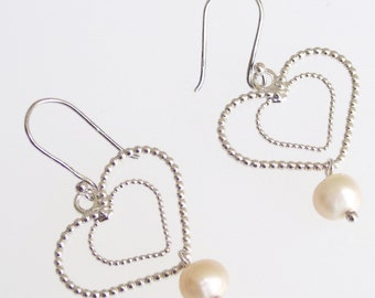 Very Light heart shape earrings decorated with natural white pearls beads, Heart Shape Dangle Earrings, Dangle Pearls Earrings, Gift for her