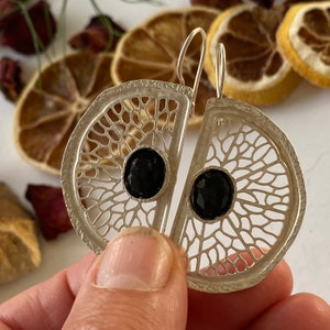 Silver Orange Slice Onyx Earrings, Delicate Handmade Sterling Silver, Boho Fruit Dangle Earrings, Dainty Everyday Earrings Gift for Her