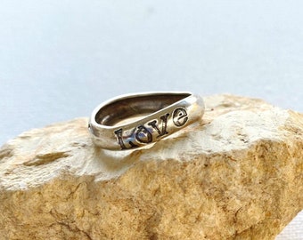 Sterling Silver Band Ring Decorated With Carved LOVE  Word, LOVE Ring