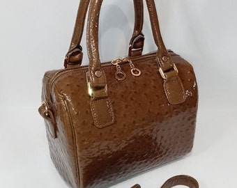 Ostrich Leather Top-Handle Bag: Glazed Brown Shoulder Purse
