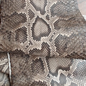 Op de afbeelding: Close-up van een stuk slangenleer met een patroon van grijze, bruine en crèmekleurige schubben. De textuur is ruw en het patroon is ingewikkeld, met ruitvormige markeringen. Het slangenleer lijkt een natuurlijk materiaal te zijn.