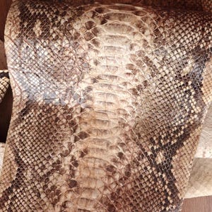 Op de afbeelding: Close-up van een stuk slangenleer. Het slangenleer heeft een patroon van bruine, bruingele en crèmekleurige schubben. De schubben zijn dicht op elkaar gepakt, waardoor een textuur ontstaat. Het slangenleer lijkt van een grote slang afkomstig te zijn.