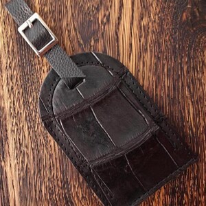 Handmade Leather Luggage Tag: Black Exotic Leather Bag Tag, Travel Bag Identifier