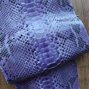 Op de afbeelding: Close-up van een stuk paars slangenleer. Het leer heeft een schubbenpatroon met verschillende tinten paars en blauw. De textuur is gedetailleerd en toont het natuurlijke patroon van de slangenhuid.