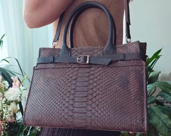 Bolso tote de piel de pitón exótica, bolso de cuero hecho a mano