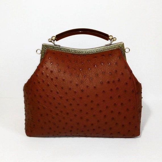 Tano. made in Madrid Spain faux ostrich tan hand bag - Ruby Lane