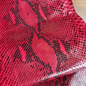 May include: Close-up of a vibrant red snakeskin with a black and dark red pattern. The leather has a textured, scaly appearance. The snakeskin is likely used for fashion accessories or decorative purposes.