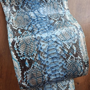 Op de afbeelding: Close-up van een stuk blauwe en bruine slangenleer. Het slangenleer heeft een schubbenpatroon met tinten blauw, bruin en wit. De textuur van het slangenleer is zichtbaar, met een licht verhoogd patroon.