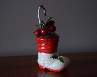 Santa Boot with Berries & Candy Cane - Ceramic Santa Boot