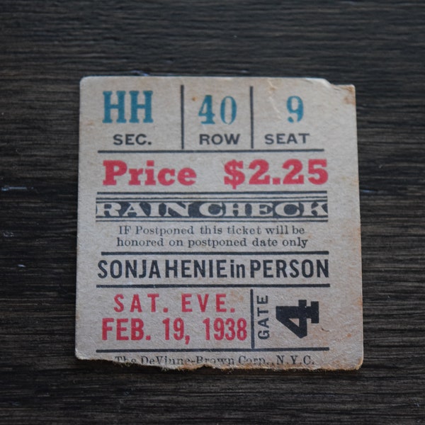 1938 Sonja Henie Ticket Stubs - Sonja Henie Figure Skater - Sonja Henie Olympic Gold Champion