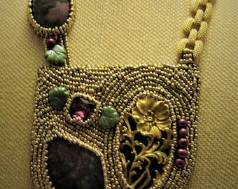 Bead embroidery with gemstone and vintage components