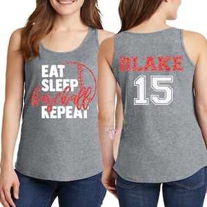 Personalized Glitter Baseball Tank Top, Custom Baseball Mom Tank Top, Eat Sleep Baseball Repeat, Baseball Tanks, Baseball Mom Tanks Athletic Grey