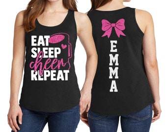 Personalized Glitter Cheer Tank Top, Custom Cheer Mom Tank Top, Eat Sleep Cheer Repeat, Cheer Mom Tanks, Glitter Mom Tee, Cheerleader Tank