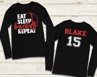 Personalized Glitter Baseball Long Sleeve Tee, Custom Baseball Mom Shirt, Eat Sleep Baseball Repeat, Baseball Shirts, Baseball Mom Shirts