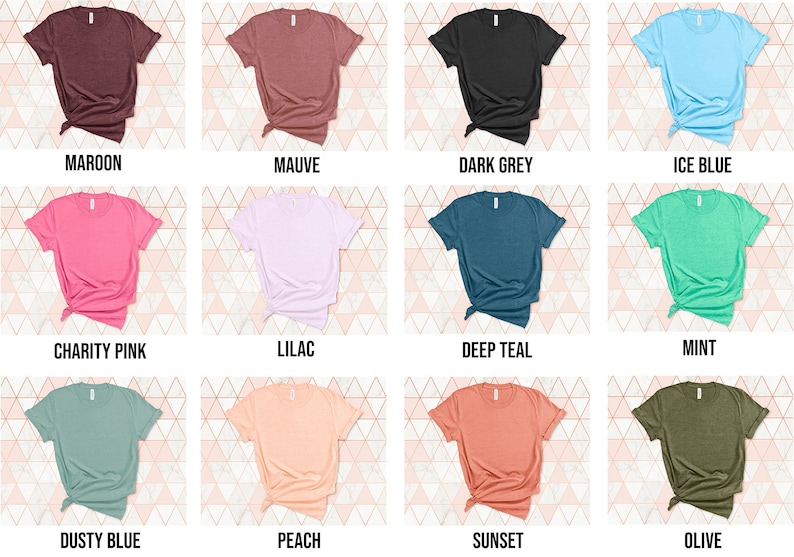 May include: A selection of blank t-shirts in various colors, including maroon, mauve, dark grey, ice blue, charity pink, lilac, deep teal, mint, dusty blue, peach, sunset, and olive.