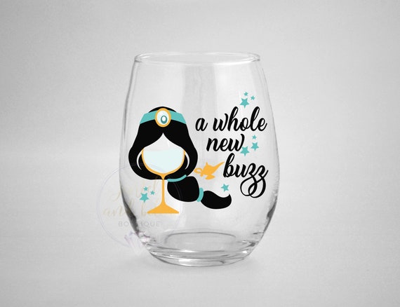 A Whole New Buzz Wine Glass, Funny Disney Wine Glasses, Disney Gifts, Jasmine Wine Glass, Gifts for Wine Lovers, Aladdin Wine Glass