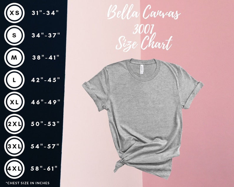 Puede incluir: Tabla de tallas Bella Canvas 3001 para camisetas. La tabla muestra las medidas del pecho en pulgadas para las tallas XS a 4XL.