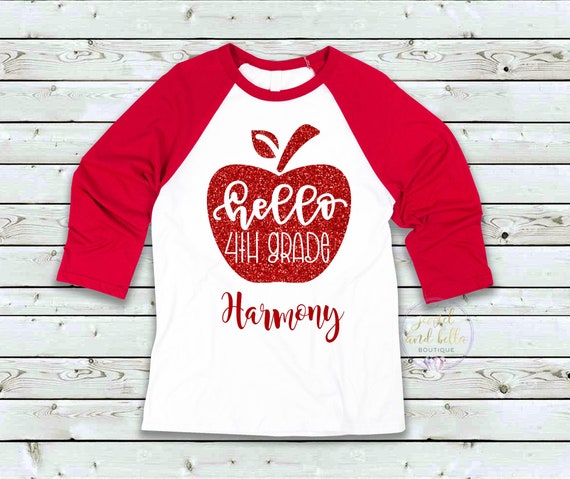 Hello 4th Grade Glitter Raglan, Personalized Girls Back to School Shirt