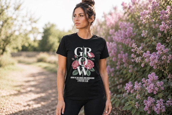 Christian Floral Grow in Grace Shirt, Bible Verse Tee for Women, Faith Based Gift for Mom, 2 Peter 3:18