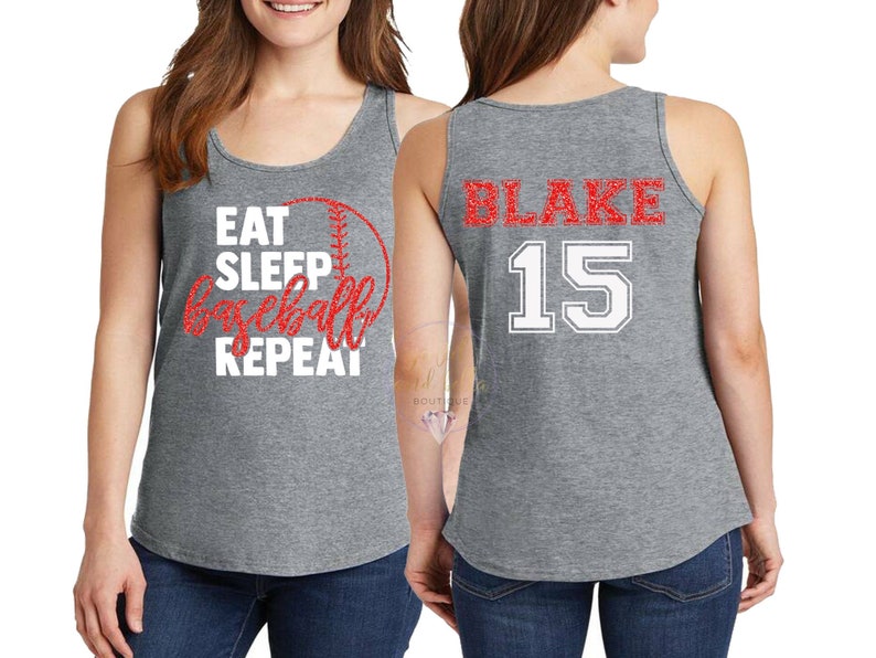 Personalized Glitter Baseball Tank Top, Custom Baseball Mom Tank Top, Eat Sleep Baseball Repeat, Baseball Tanks, Baseball Mom Tanks Athletic Grey