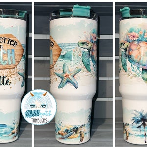 40 oz insulated tumbler with handle - The beach is calling - hot or cold beverage