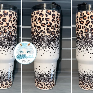 40 oz insulated tumbler with handle - Leopard black faux sparkle - hot or cold beverage