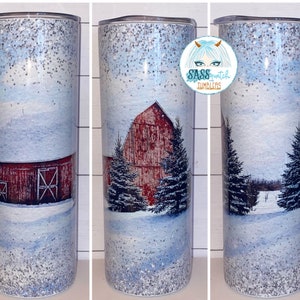 20oz & 30oz skinny straight insulated tumbler - snowy blue sparkle winter barn scene  - hot or cold beverage