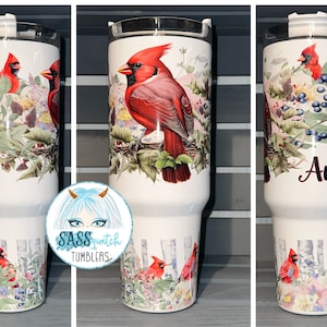 40 oz insulated tumbler with handle - Floral cardinal - hot or cold beverage