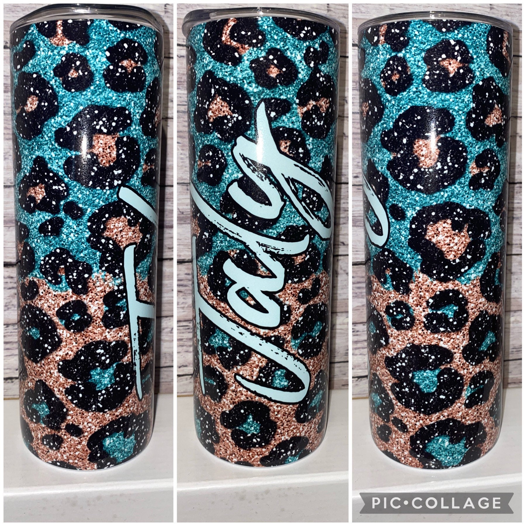 20oz Skinny Straight Insulated Tumbler Teal Leopard With Name Etsy
