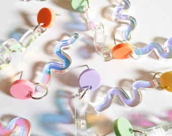 SQUIGGLE DANGLE - Drop Statement Earrings | Jewellery | Acrylic | Stud | Dangle | Steel | Pastel | Iridescent