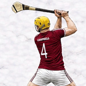 Impressão artística personalizada, retrô e colorida à mão, de um jogador de hurling de qualquer equipe (qualquer condado ou clube). Sem emblemas ou símbolos da GAA.