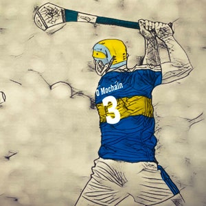 Personalisierter GAA Jedes Team Retro Hand farbiger Hurler Kunstdruck. (beliebiger Kreis oder Verein)