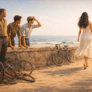 Può includere: Una rappresentazione artistica di una scena costiera. Tre uomini sono in piedi su un muro di pietra, guardando l'oceano. Ci sono biciclette parcheggiate nelle vicinanze. Una donna in un vestito bianco si allontana dal gruppo. Il cielo è azzurro.